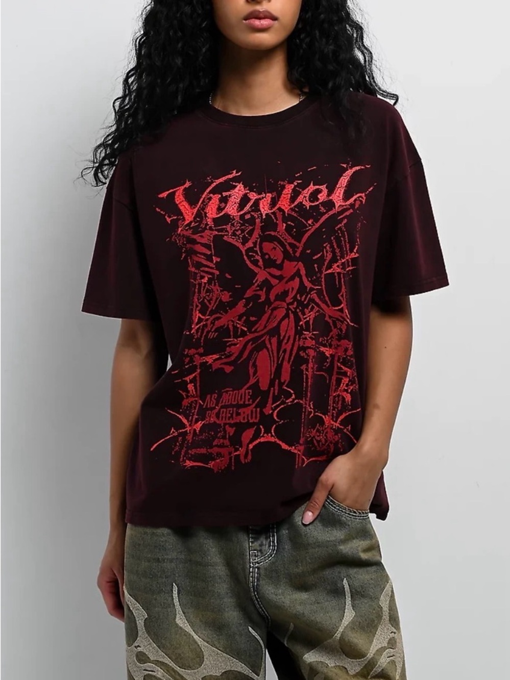 🆕Vitriol Rae Dark Red Wash Relaxed Fit T-Shirt in Coquitiam S🆕